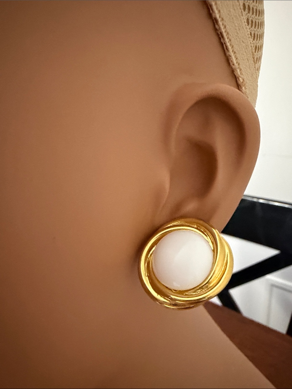 Vintage Gold tone and White Round Swirl Clip-On Earrings - TRIFARI